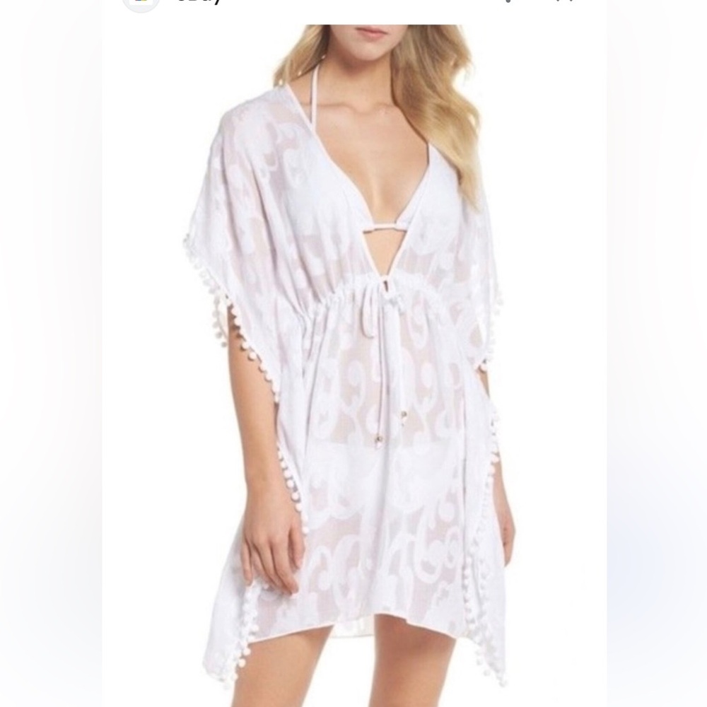 LILLY PULITZER GARDENIA SEMI SHEER DRAWSTRING WAIST Pom Pom COVERUP Size Medium